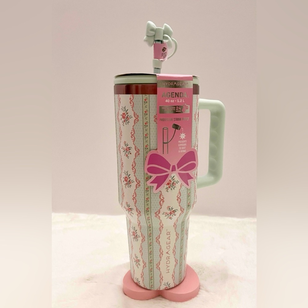 HYDRAGEAR Floral‎ Coquette Mint Floral Stripe Stainless Steel Tumbler  40oz